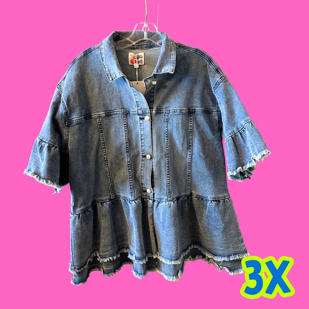 3x Jean Jacket Ruffle Button-Up